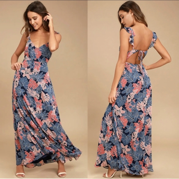 Lulus Fragrant Blooms Navy Blue Pink Tropical Floral Print Maxi Dress Size Small - Picture 1 of 16